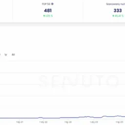 Wykres wzrostu widoczności strony w narzędziu Senuto. Analiza danych od 03.06.2020 do 02.06.2025. Widoczny wzrost ruchu i pozycji w TOP3, TOP10 i TOP50.
