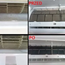 Klimatyzator split: porównanie stanu przed i po czyszczeniu. Widoczne zabrudzone filtry (PRZED) i czyste, metaliczne elementy (PO).