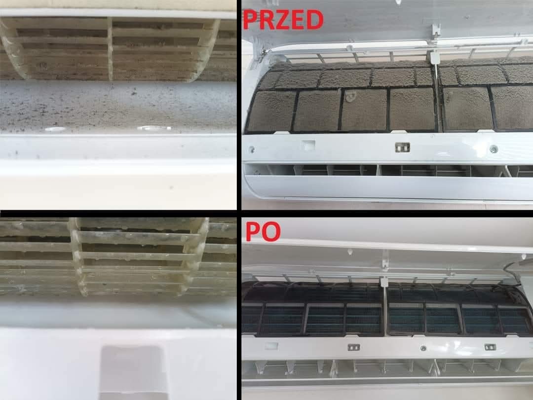 Klimatyzator split: porównanie stanu przed i po czyszczeniu. Widoczne zabrudzone filtry (PRZED) i czyste, metaliczne elementy (PO).
