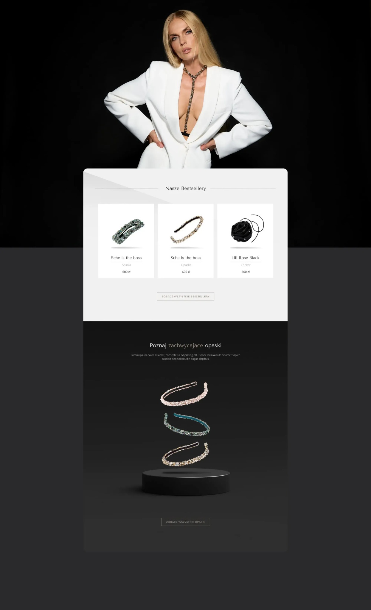 Projekt strony internetowej z blond modelką w białym żakiecie prezentującą biżuterię oraz ofertą opasek i spinek do włosów na czarnym tle.
