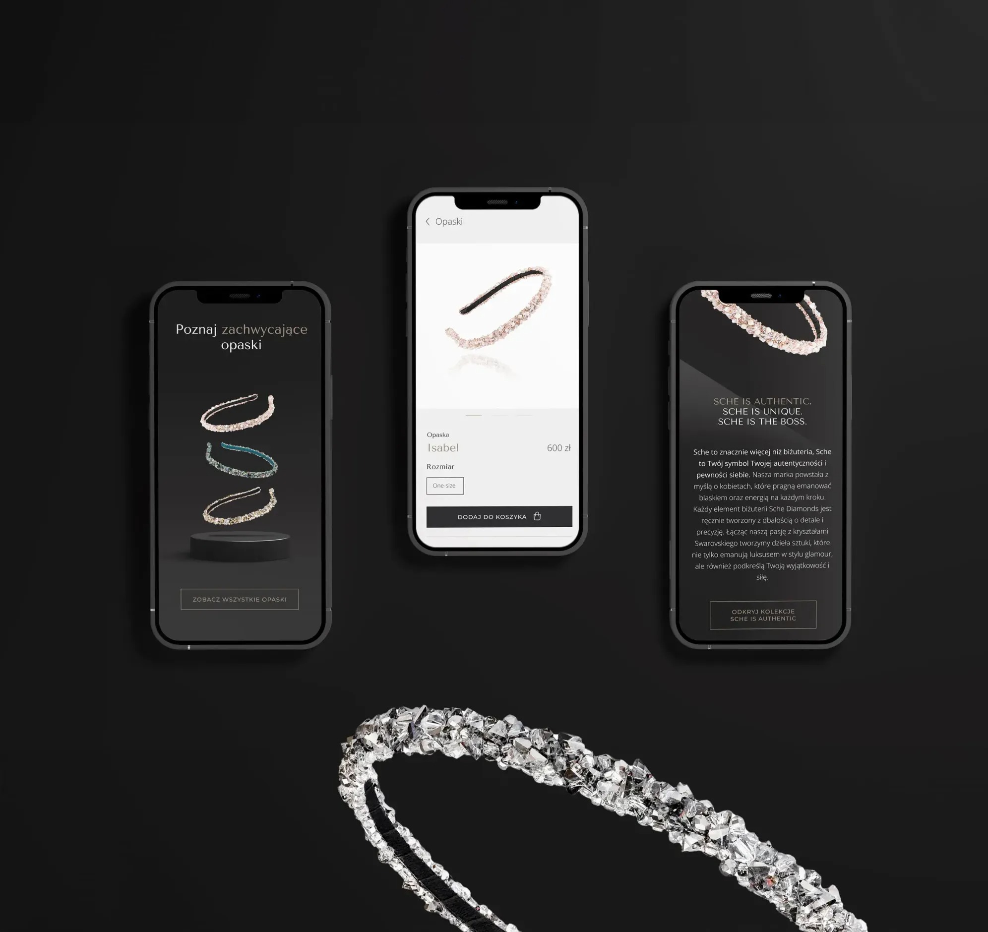 E-commerce: trzy telefony prezentują opaski marki Sche Diamonds. Centralny ekran z opaską 'Isabel', cena 600 zł. Minimalistyczny design, czarne tło.