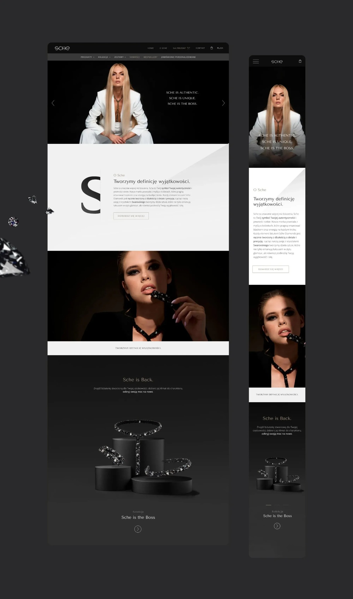 Responsywny design strony internetowej marki biżuteryjnej z kolekcją Sche is the Boss, prezentowany na ekranie komputera i smartfona. Minimalistyczny układ, elegancka typografia.
