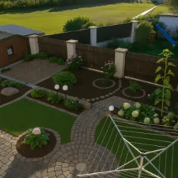 Widok z góry na zadbany ogród z okrągłym brukowanym patio, rabatami kwiatowymi i równo przystrzyżonym trawnikiem. W tle domy i zielona przestrzeń.