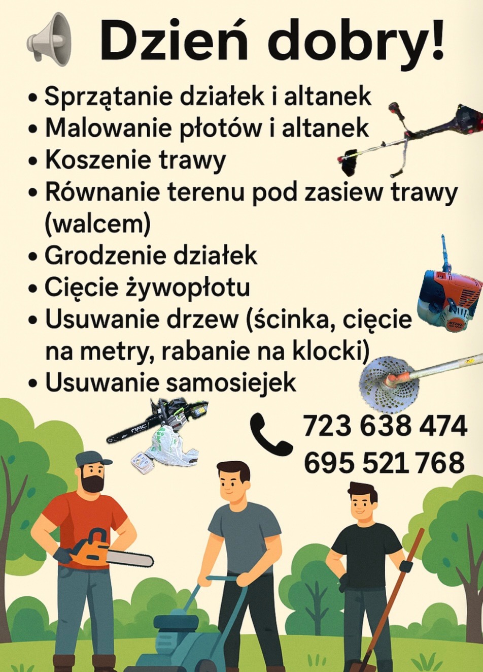Grafika reklamowa usług ogrodniczych: koszenie trawy, wycinka drzew, cięcie żywopłotu, sprzątanie działek. Ilustracje narzędzi i osób podczas pracy. Numery telefonów.