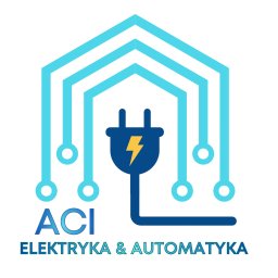 ACI PIOTR ZIELEŃ - Grafika wektorowa: niebieski schemat domu z wtyczką elektryczną i błyskawicą, napis 'ACI Elektryka & Automatyka'. Logo firmy elektrycznej w nowoczesnym stylu.