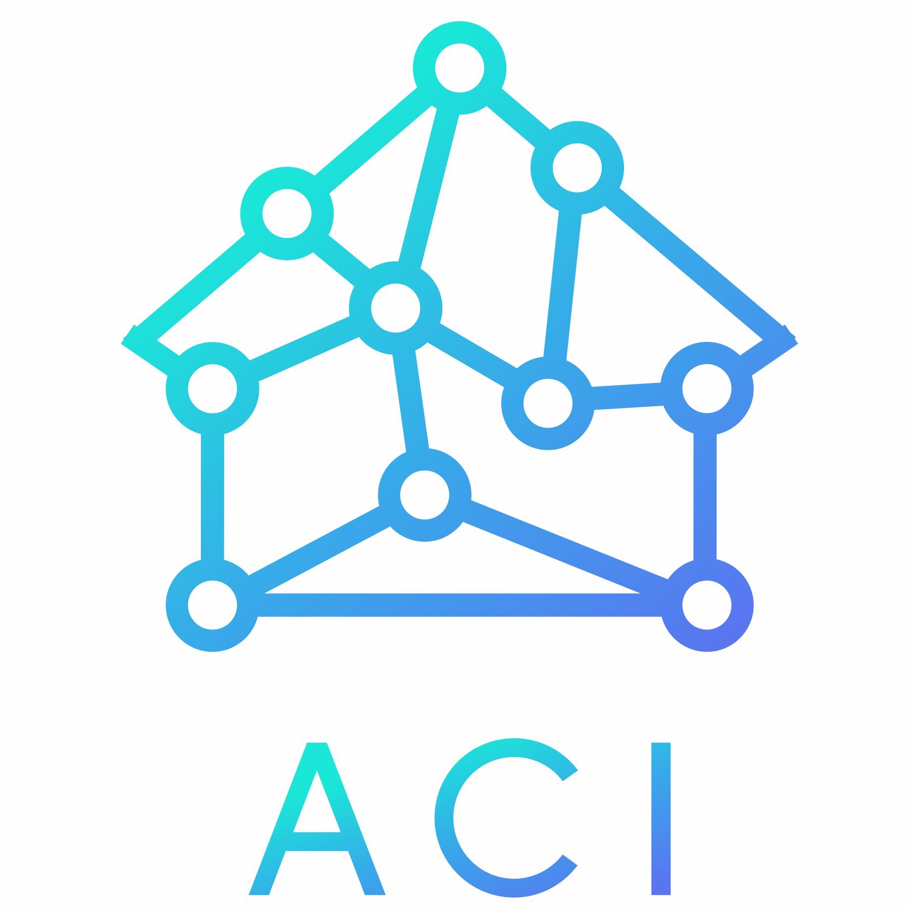 Gradientowe logo ACI: schemat połączeń w kształcie domu, symbolizujące inteligentne instalacje. Wizualizacja sieci, nowoczesny design.