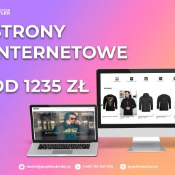 Webs Butler - Prezentacja strony internetowej na laptopie i monitorze z ofertą cenową. Widoczny logotyp firmy Graphics Butler. Gradientowe tło w odcieniach różu i fioletu.