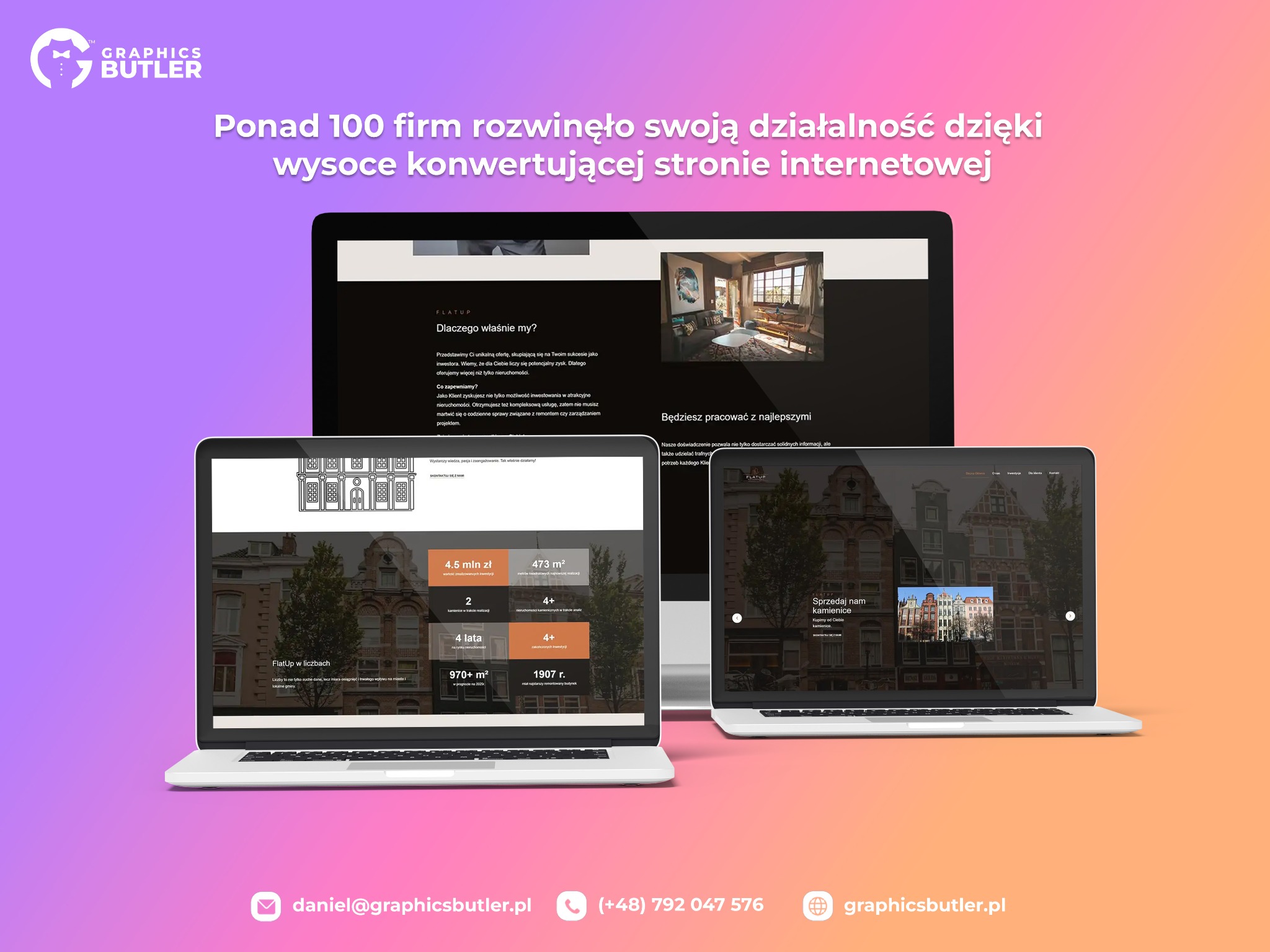 Dwa laptopy z wyświetlonymi stronami internetowymi firmy Graphics Butler, prezentujące statystyki i ofertę FlatUp, z hasłem 'Ponad 100 firm rozwinęło...'