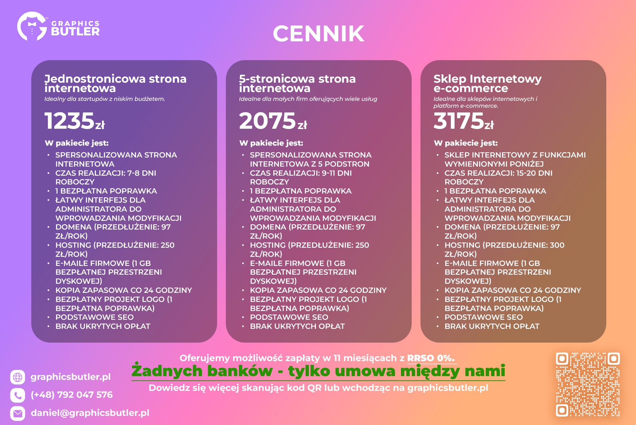 Cennik usług Graphics Butler: strona jednostronicowa, 5-stronicowa i sklep internetowy e-commerce. Oferta zawiera pakiety z cenami i opisem zawartości.