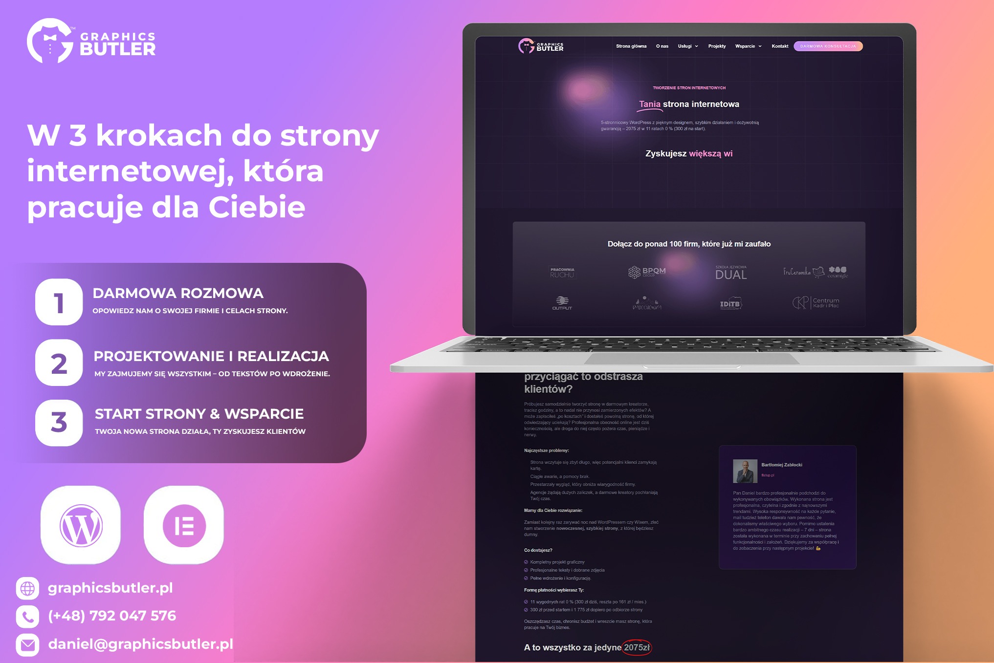 Laptop z wyświetloną stroną internetową firmy Graphics Butler, oferującą tworzenie stron w 3 krokach. Widoczne logo firmy, informacje o ofercie i referencje klientów.