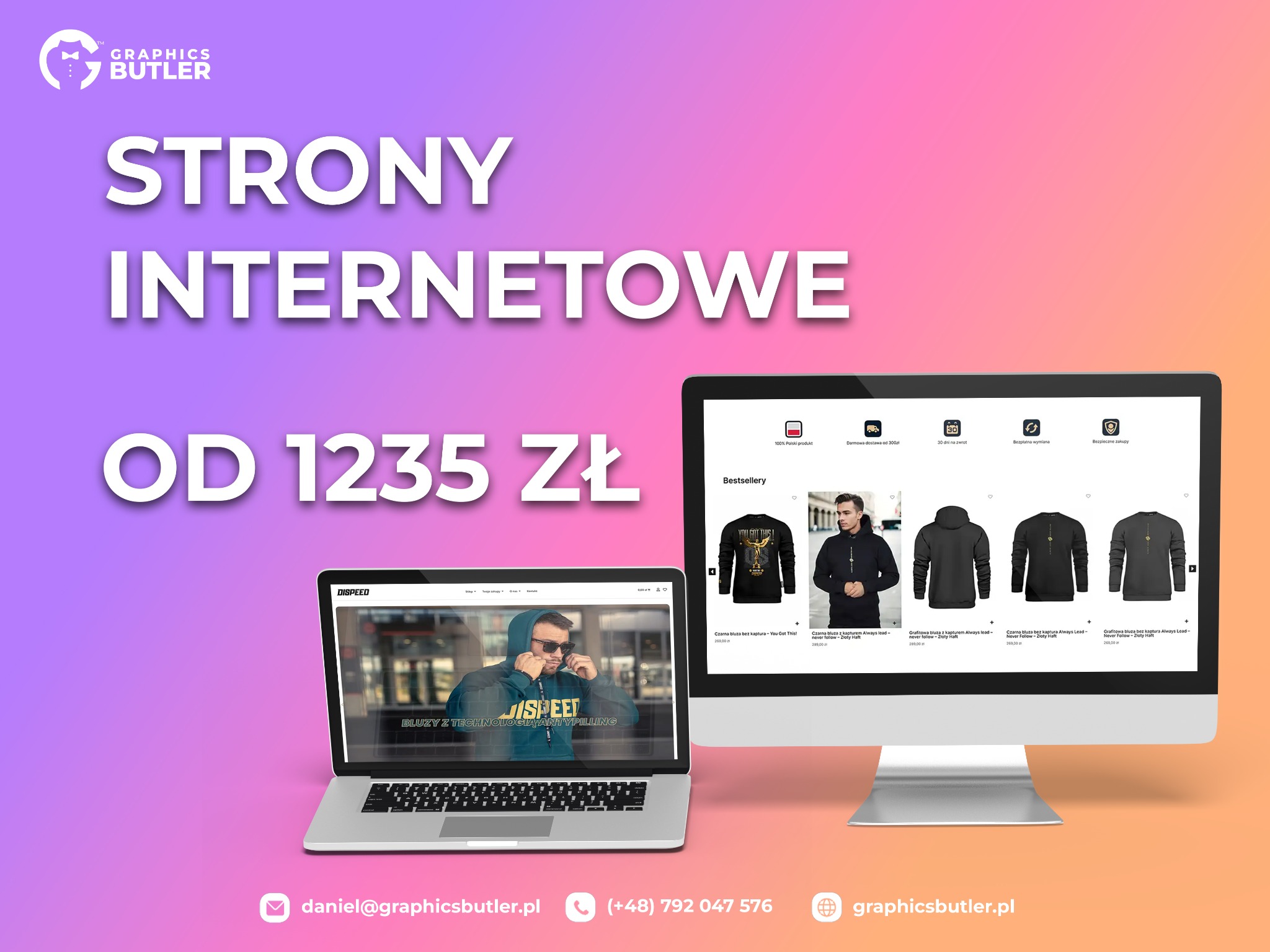 Prezentacja strony internetowej na laptopie i monitorze z ofertą cenową. Widoczny logotyp firmy Graphics Butler. Gradientowe tło w odcieniach różu i fioletu.