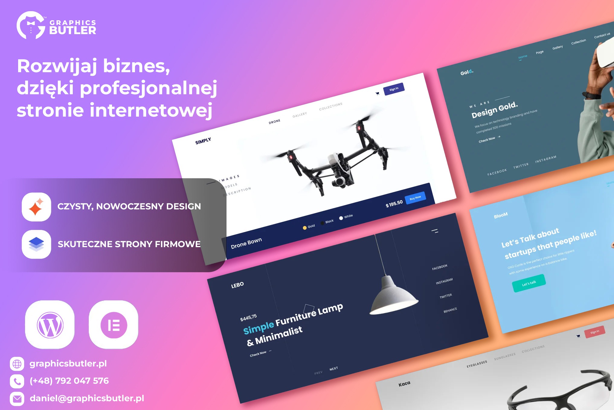 Portfolio stron internetowych z różnymi projektami: sklep z dronami, lampy, okulary. Nowoczesny design, czyste układy, widoczne ikony social media.