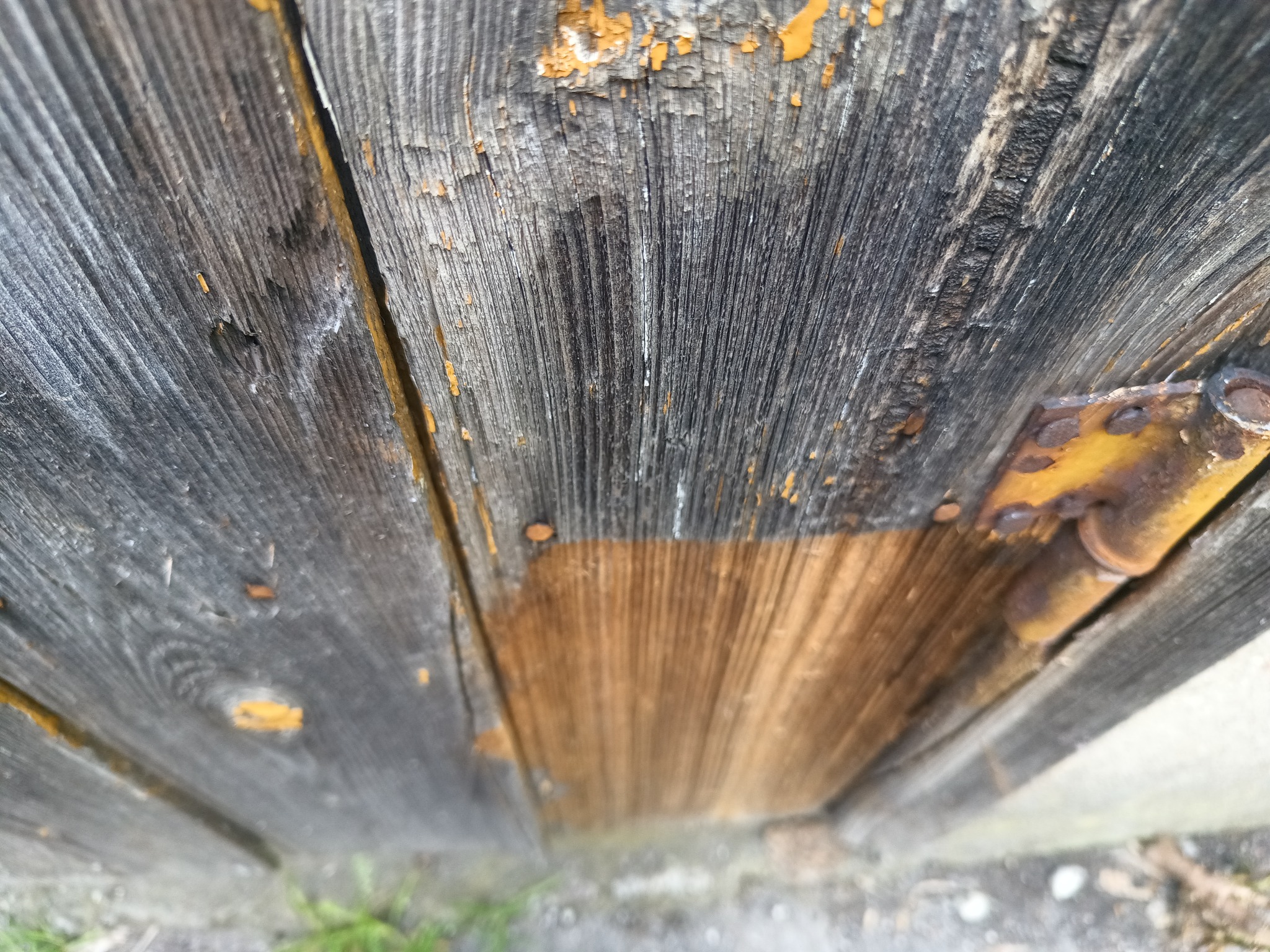 Szczegółowe ujęcie z bliska na starą, drewnianą powierzchnię z łuszczącą się farbą i rdzewiejącymi elementami metalowymi, ukazującą strukturę drewna.