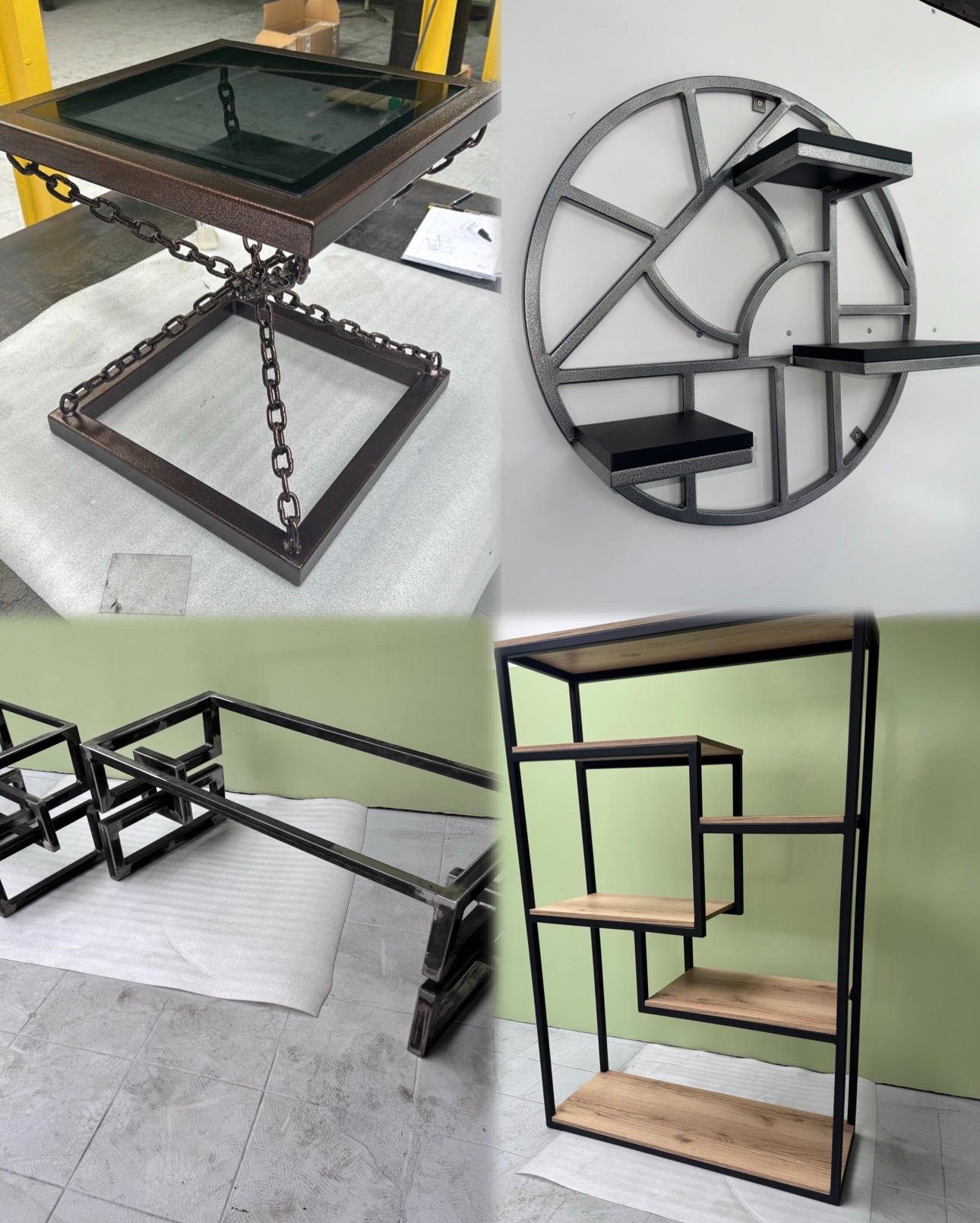 Kompozycja z czterech ujęć: stolik kawowy z łańcuchami, metalowa półka okrągła, konstrukcja metalowa i regał z metalowym stelażem i drewnianymi półkami.