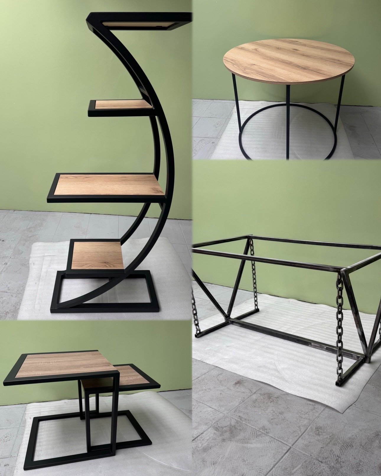 Kreatywne meble metalowe: industrialny regał z półkami, okrągły stolik kawowy i rama stołu z łańcuchami, na tle zielonej ściany i szarej podłogi.