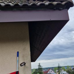 Ludovic Stoica - Fragment dachu z brązową blachą okapową i dachówką pokrytą mchem. Widoczne narzędzia i elementy krajobrazu w tle, pochmurne niebo.