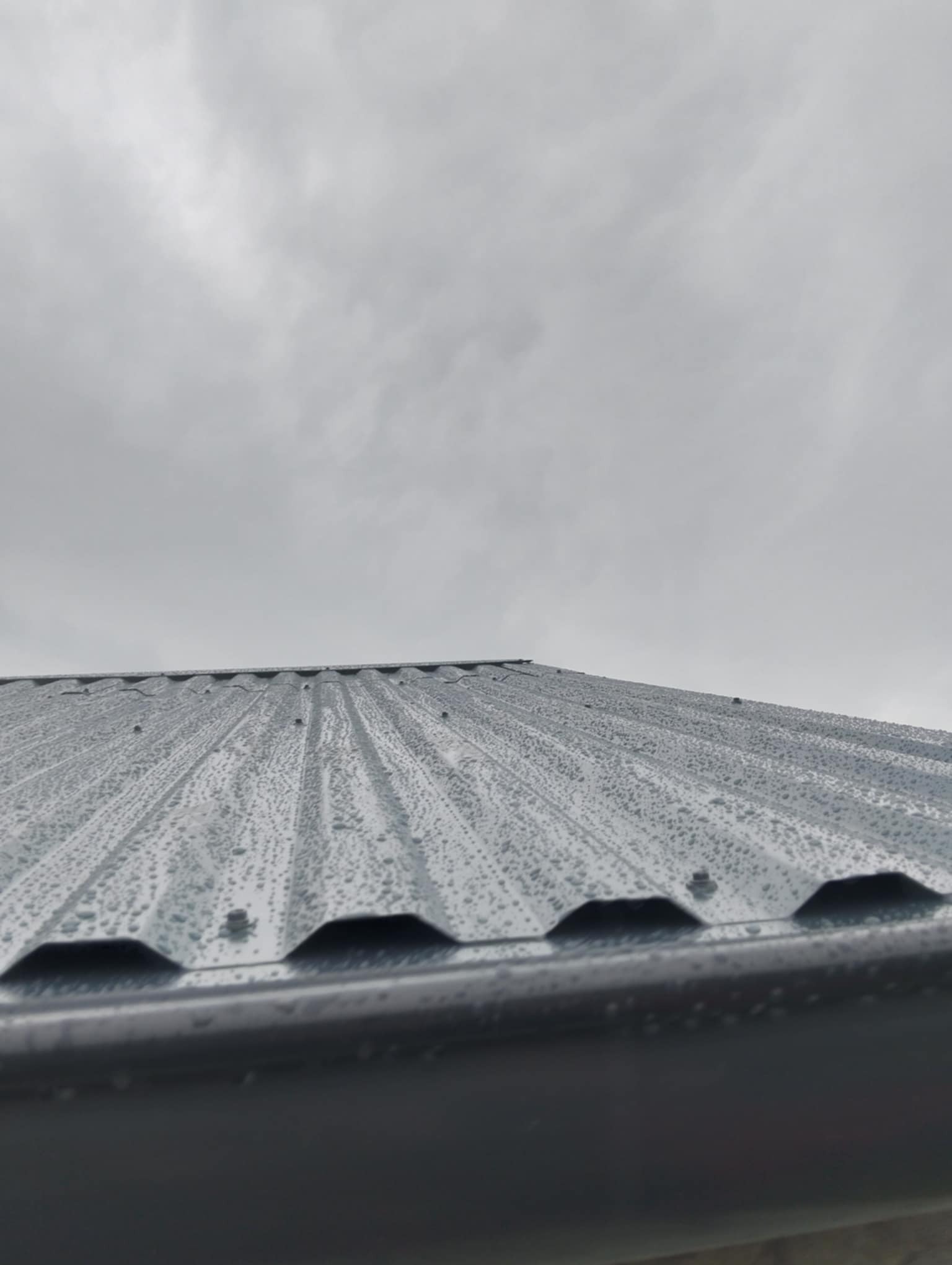 Metalowy dach pokryty kroplami deszczu, widoczna rynna. Kąt ujęcia z dołu, pochmurne niebo w tle. Charakterystyczne trapezowe przetłoczenia blachy.