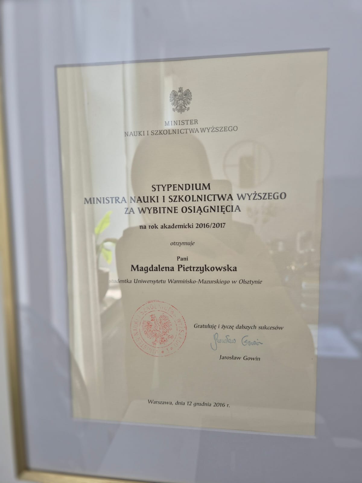 Oprawione w ramkę stypendium Ministra Nauki i Szkolnictwa Wyższego za wybitne osiągnięcia, przyznane Magdalenie Pietrzykowskiej w 2016 roku. Dokument z pieczęcią i podpisem.