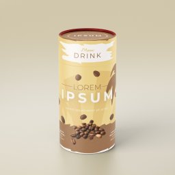 ASKAY Jowan Koleczko - Walcowate opakowanie na napój z grafiką ziaren kawy i tekstem 'Meow Drink', na beżowym tle. Realistyczny rendering produktu.