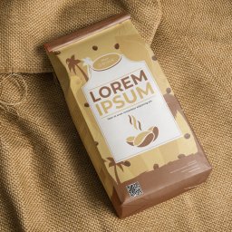 ASKAY Jowan Koleczko - Opakowanie kawy z motywem tropikalnym i tekstem 'Lorem Ipsum' leży na jutowym tle. Torba w odcieniach brązu i beżu, z QR kodem w rogu.