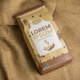Opakowanie kawy z motywem tropikalnym i tekstem 'Lorem Ipsum' leży na jutowym tle. Torba w odcieniach brązu i beżu, z QR kodem w rogu.