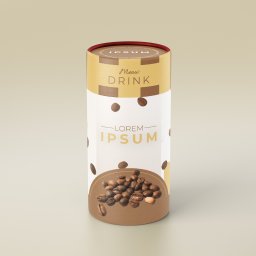 ASKAY Jowan Koleczko - Grafika cylindrycznego opakowania z napisem 'Meow Drink' i motywem ziaren kawy, na beżowym tle. Minimalistyczny design z brązowymi akcentami.