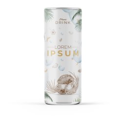 ASKAY Jowan Koleczko - Puszka napoju z grafiką kokosa i palm, z napisem 'Meow Drink' i 'Lorem Ipsum' w złotym kolorze. Produkt na białym tle, w stylu minimalistycznym.