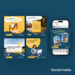 Posty social media z reklamą biura podróży: kobieta z walizką, lista niezbędników, opinie klientów, rabat, pytanie o miasto wyjazdu. Grafika w odcieniach błękitu i żółci.