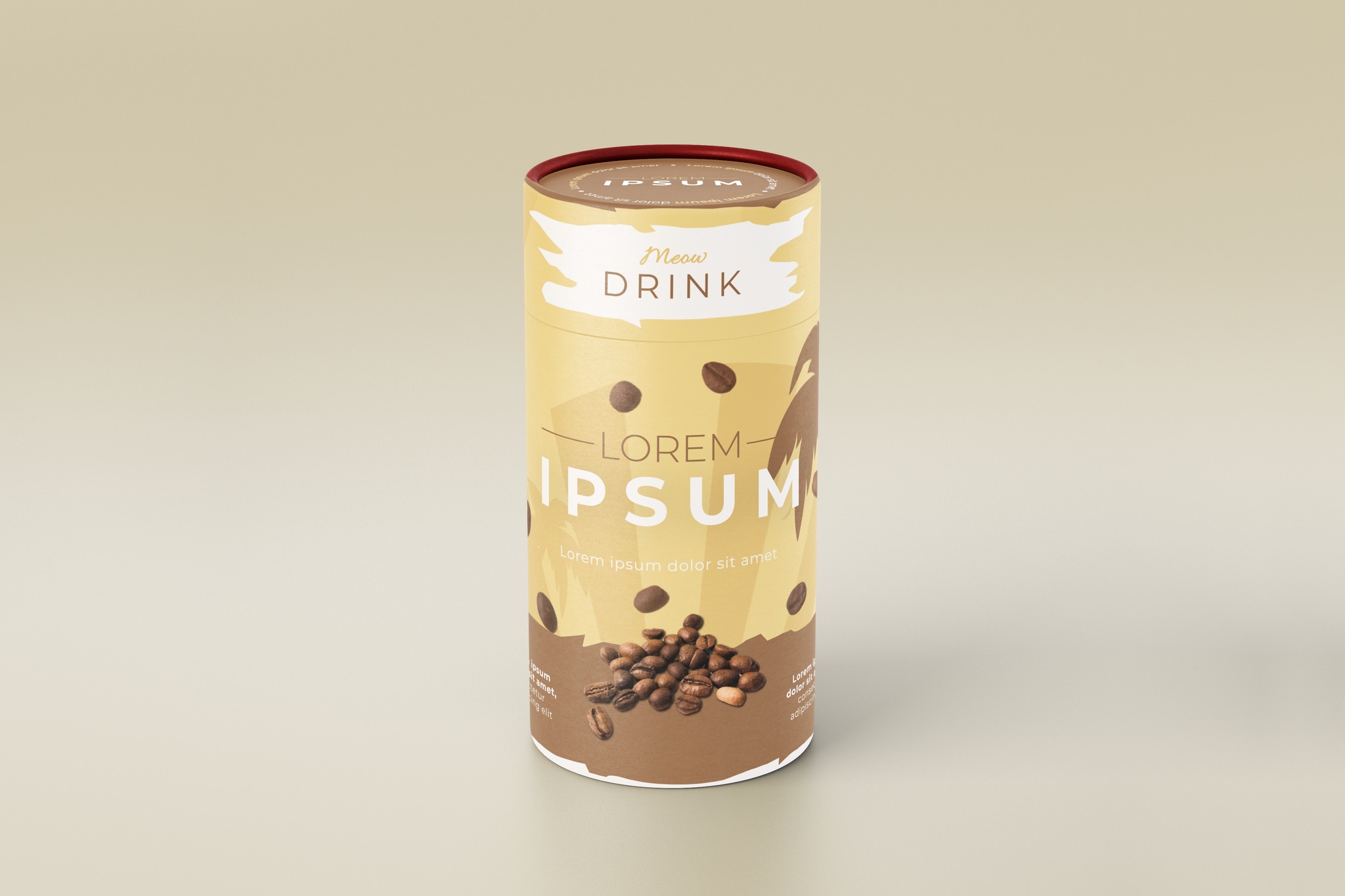 Walcowate opakowanie na napój z grafiką ziaren kawy i tekstem 'Meow Drink', na beżowym tle. Realistyczny rendering produktu.