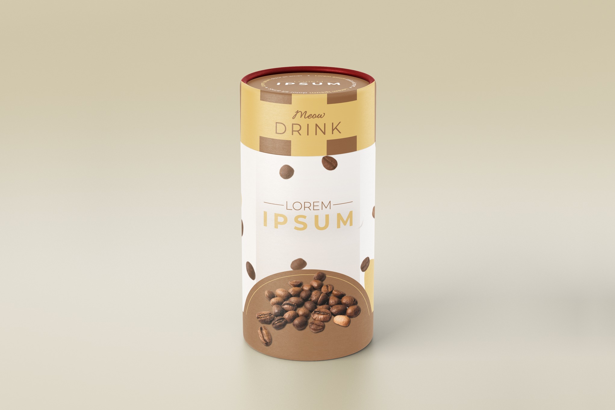 Grafika cylindrycznego opakowania z napisem 'Meow Drink' i motywem ziaren kawy, na beżowym tle. Minimalistyczny design z brązowymi akcentami.