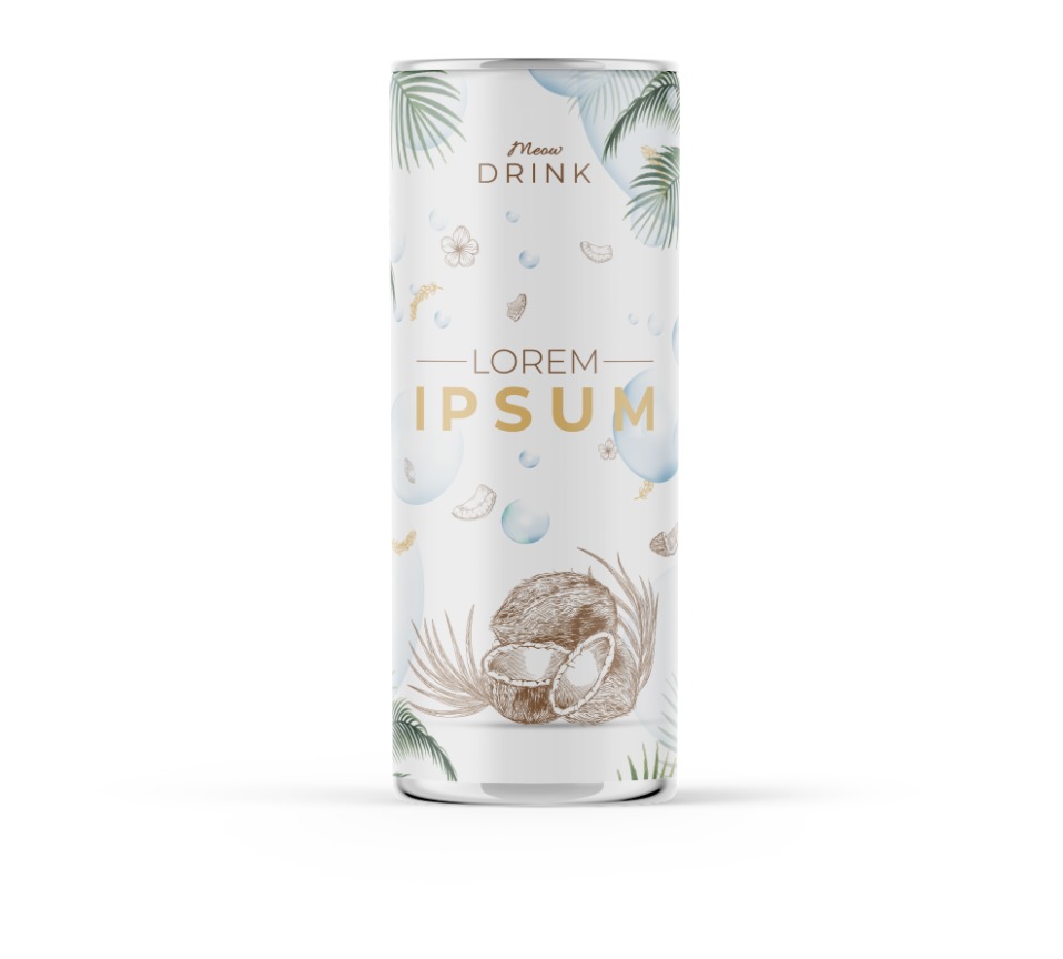 Puszka napoju z grafiką kokosa i palm, z napisem 'Meow Drink' i 'Lorem Ipsum' w złotym kolorze. Produkt na białym tle, w stylu minimalistycznym.