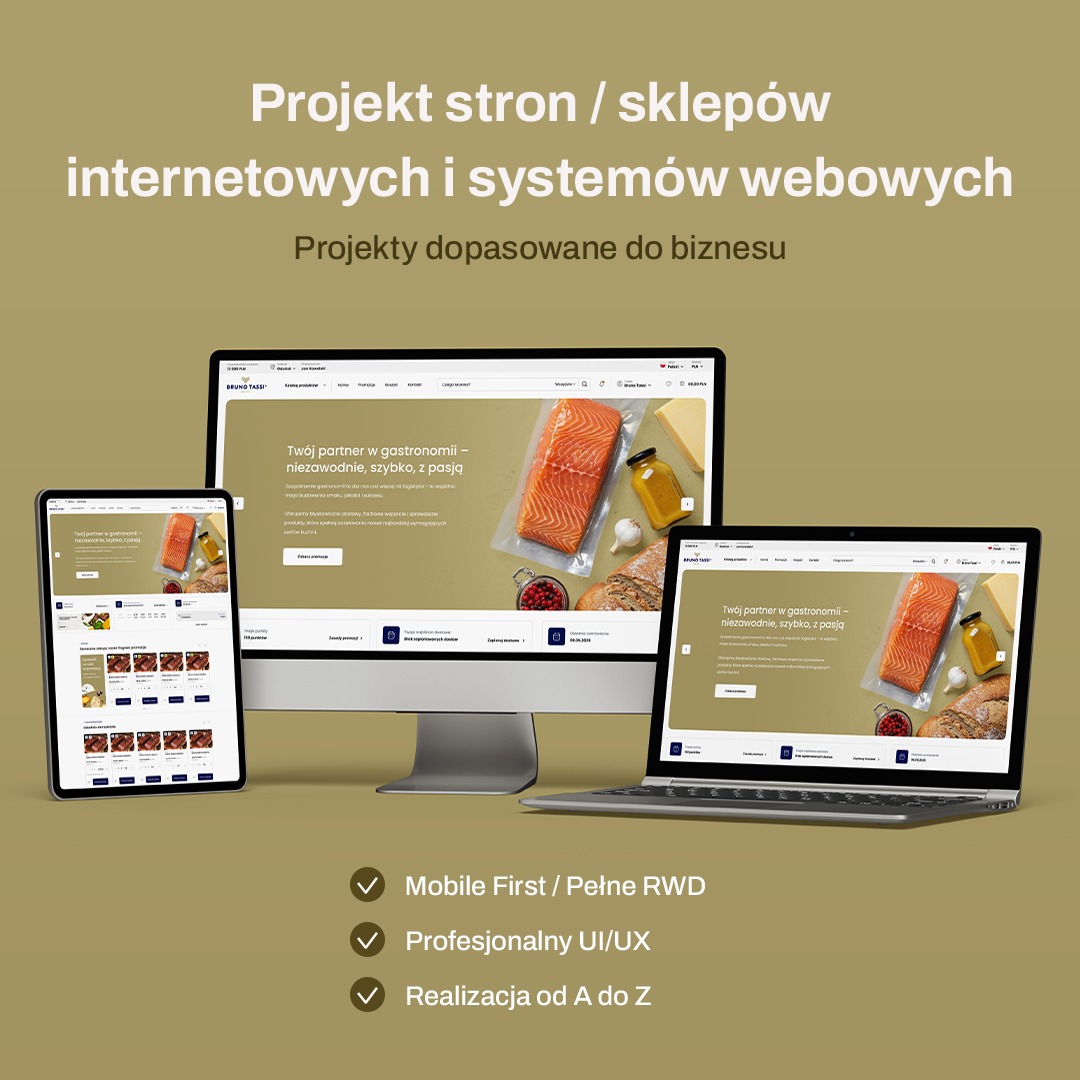 Prezentacja responsywnej strony WWW na monitorze, laptopie i tablecie. Strona o tematyce kulinarnej z motywem łososia. Mobile First i pełne RWD. Profesjonalny UI/UX.