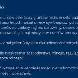 Oferta usług prawnych: weryfikacja umów dzierżawy, obsługa nabycia nieruchomości rolnych, przekazanie gospodarstwa, zniesienie współwłasności. Ikona domu.