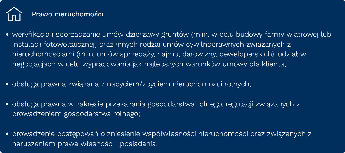 Oferta usług prawnych: weryfikacja umów dzierżawy, obsługa nabycia nieruchomości rolnych, przekazanie gospodarstwa, zniesienie współwłasności. Ikona domu.