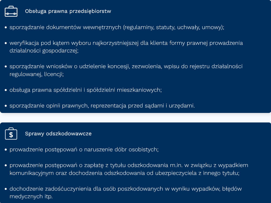 Grafika informacyjna: Obsługa prawna przedsiębiorstw i sprawy odszkodowawcze. Lista usług, w tym sporządzanie dokumentów, wniosków, reprezentacja przed sądem i dochodzenie roszczeń.