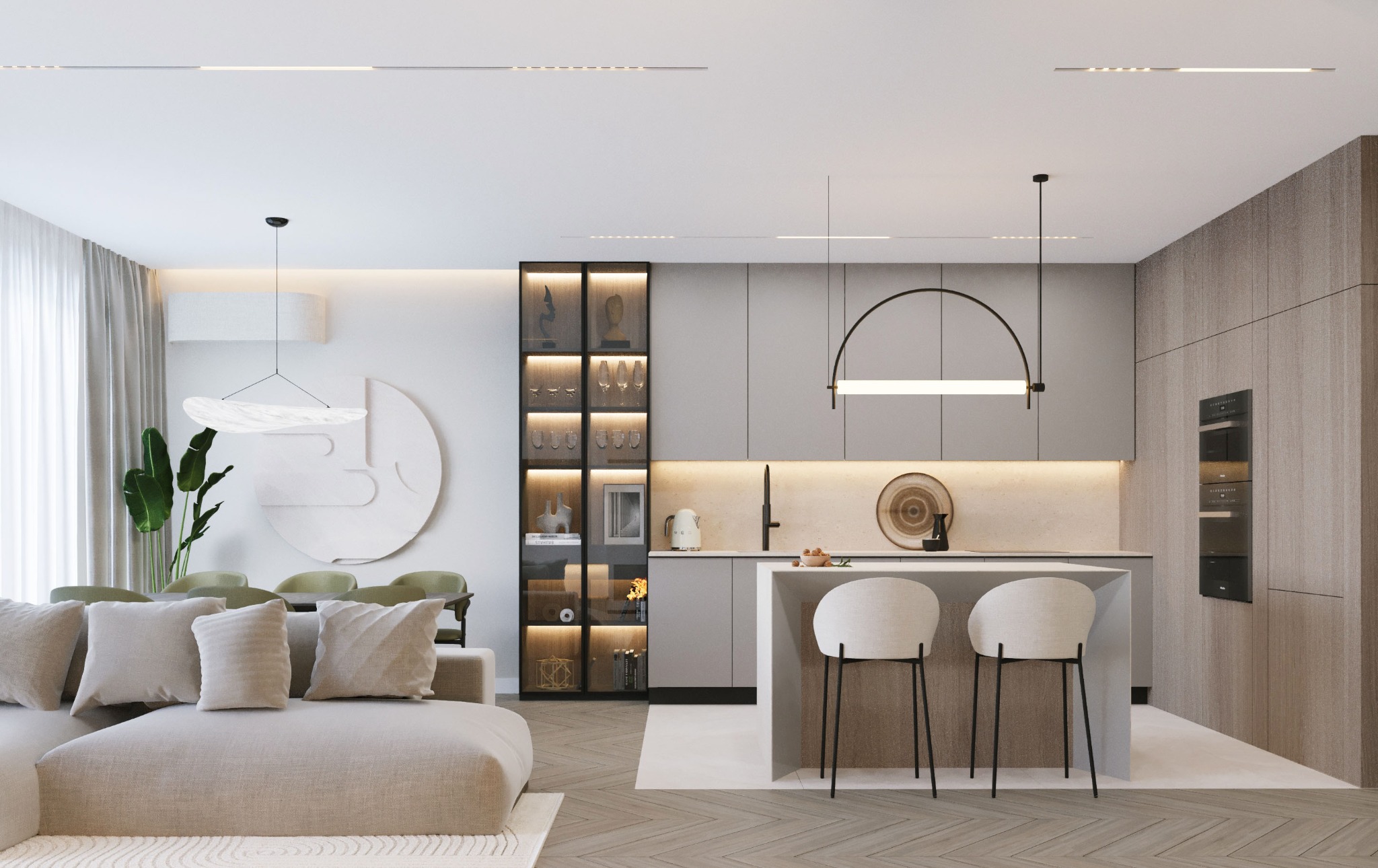 Jasne, nowoczesne wnętrze: salon z aneksem kuchennym. Minimalistyczny wystrój, drewniana podłoga w jodełkę, szara zabudowa kuchenna, wyspa z hokerami i dekoracje.