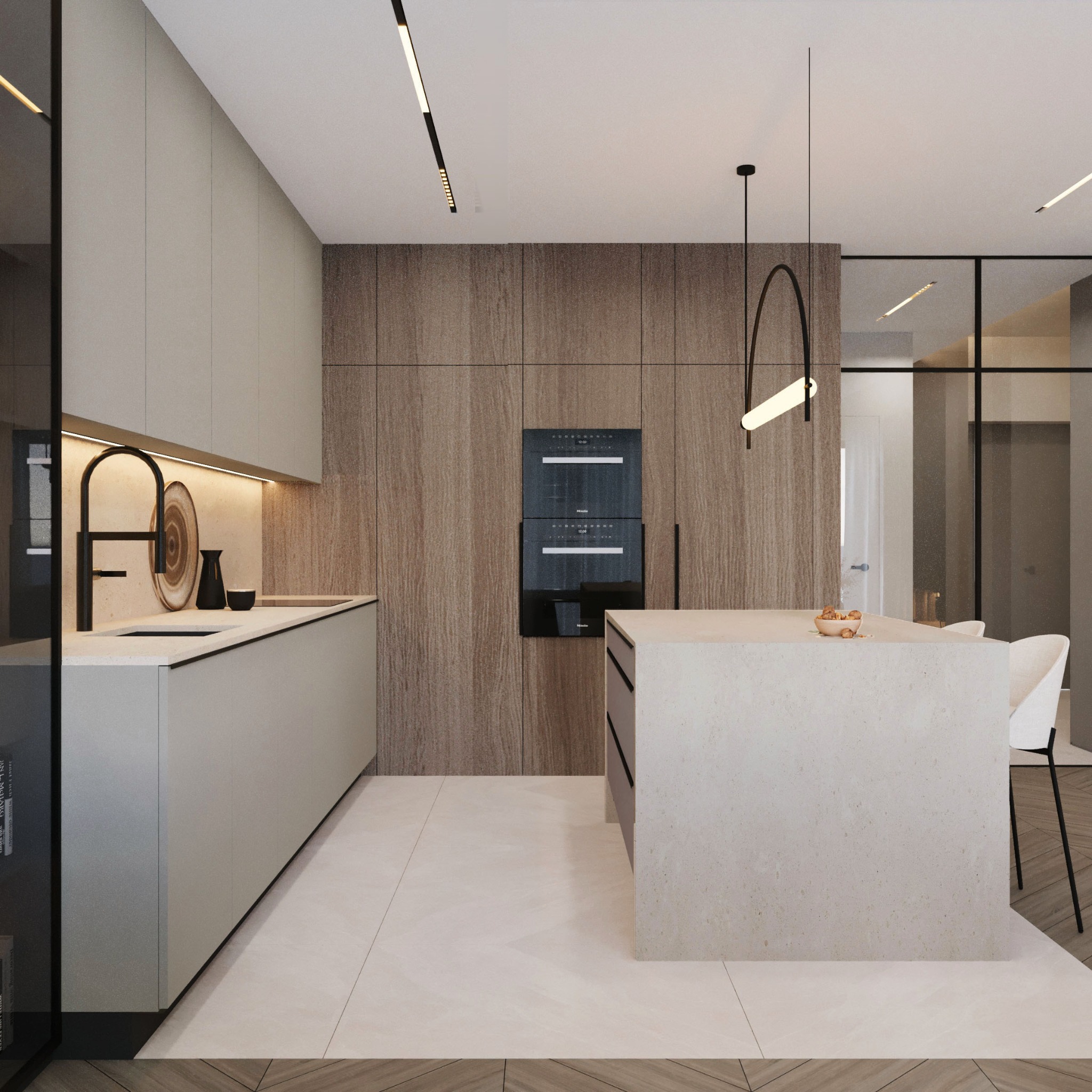Nowoczesna kuchnia z wyspą i drewnianymi frontami szafek. Minimalistyczny design, oświetlenie LED i eleganckie wykończenie.