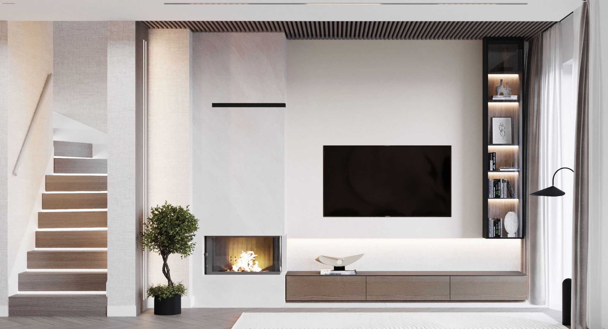 Minimalistyczny salon z kominkiem, telewizorem i podświetlanymi schodami. Wnętrze w stonowanej kolorystyce z drewnianymi akcentami i nowoczesnym oświetleniem.