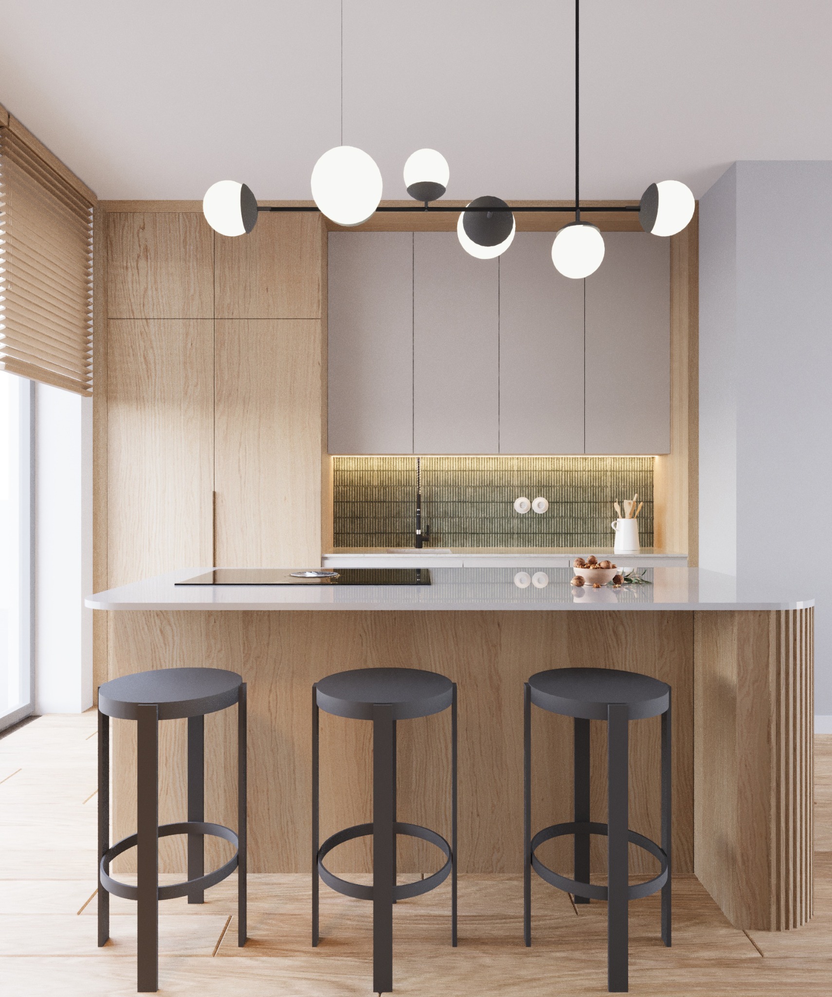 Nowoczesna kuchnia w domu jednorodzinnym: drewniane szafki, szare fronty, wyspa z hokerami, oświetlenie kuliste. Minimalistyczny design, jasne wnętrze.
