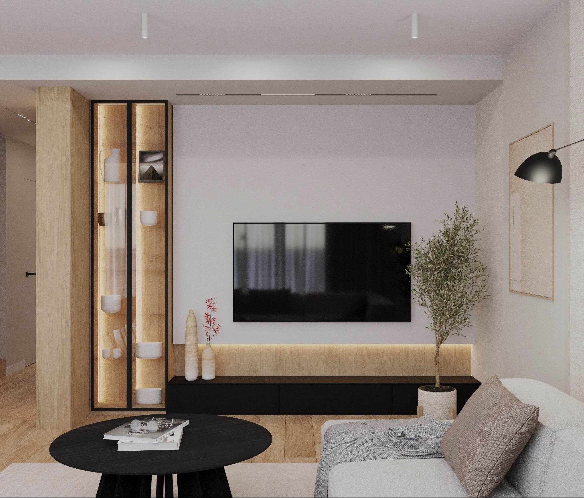 Nowoczesny salon z drewnianą witryną, czarnym stolikiem i telewizorem. Minimalistyczny design, ciepłe oświetlenie, roślina doniczkowa. Realistyczna wizualizacja wnętrza.