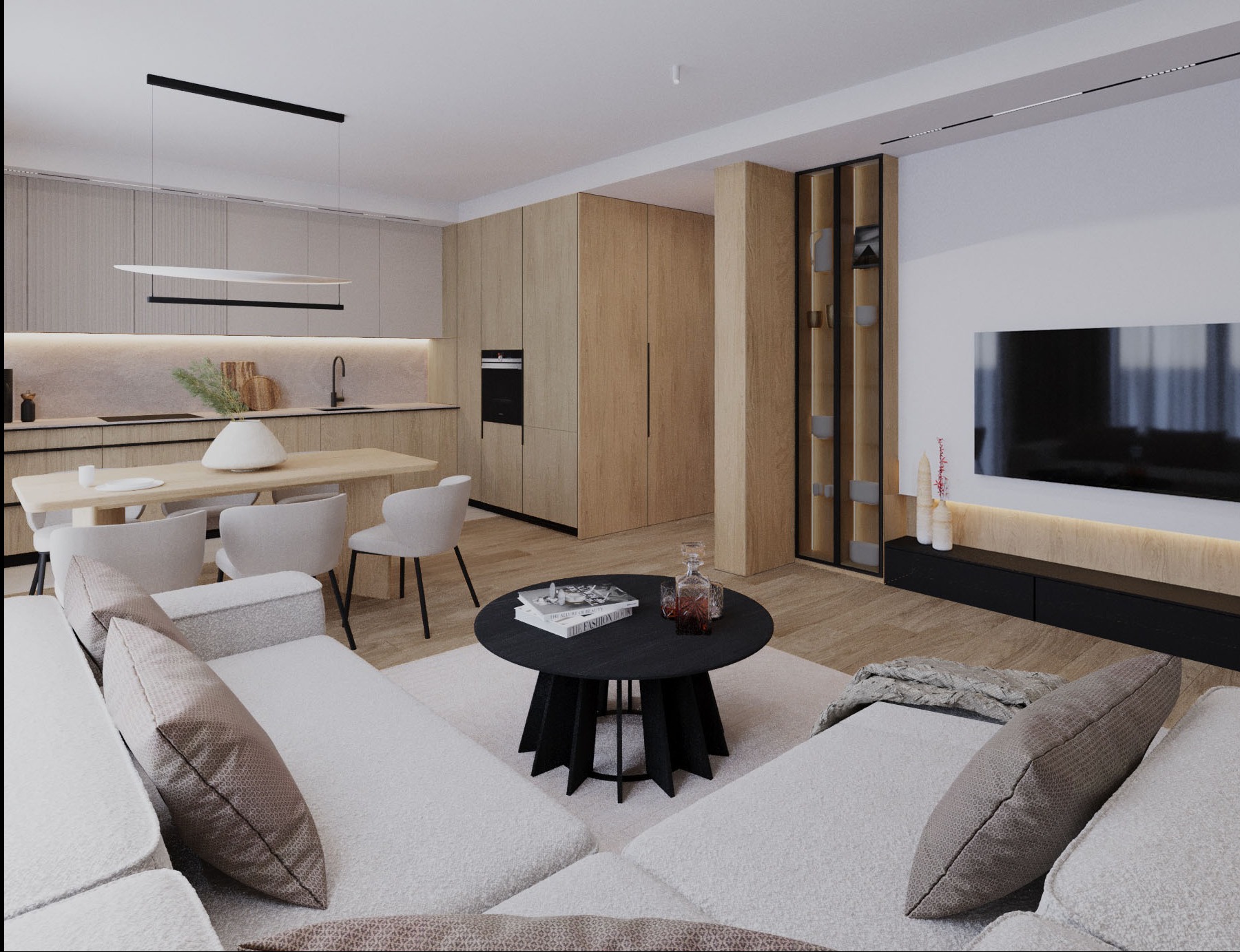 Jasne, nowoczesne wnętrze: salon z kuchnią. Drewniane meble, biała sofa, czarny stolik kawowy. Minimalistyczne oświetlenie i dekoracje tworzą przytulną atmosferę.