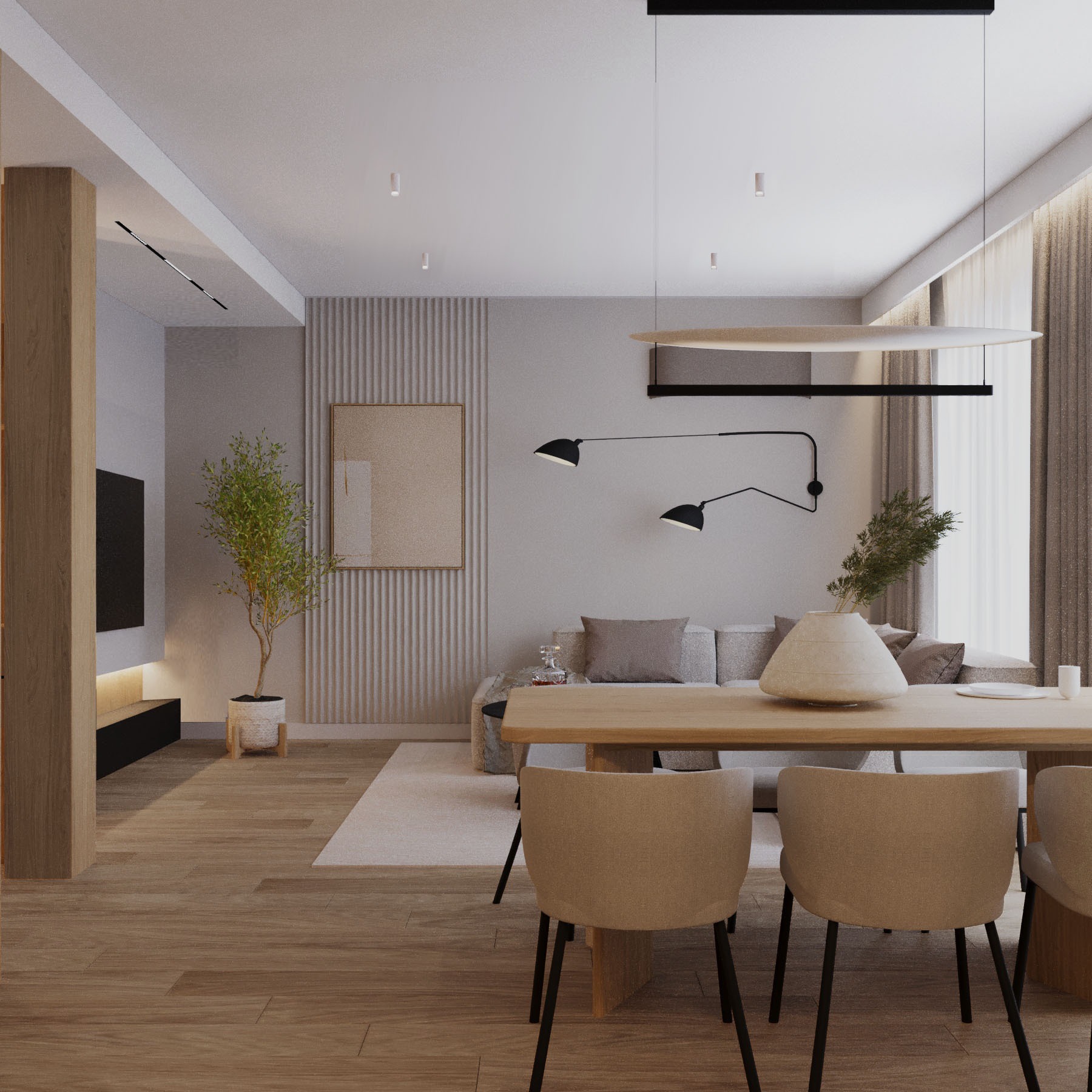 Jasne, nowoczesne wnętrze: drewniany stół jadalny z krzesłami, minimalistyczna lampa, sofa i dekoracje w stonowanych barwach. Subtelne oświetlenie.