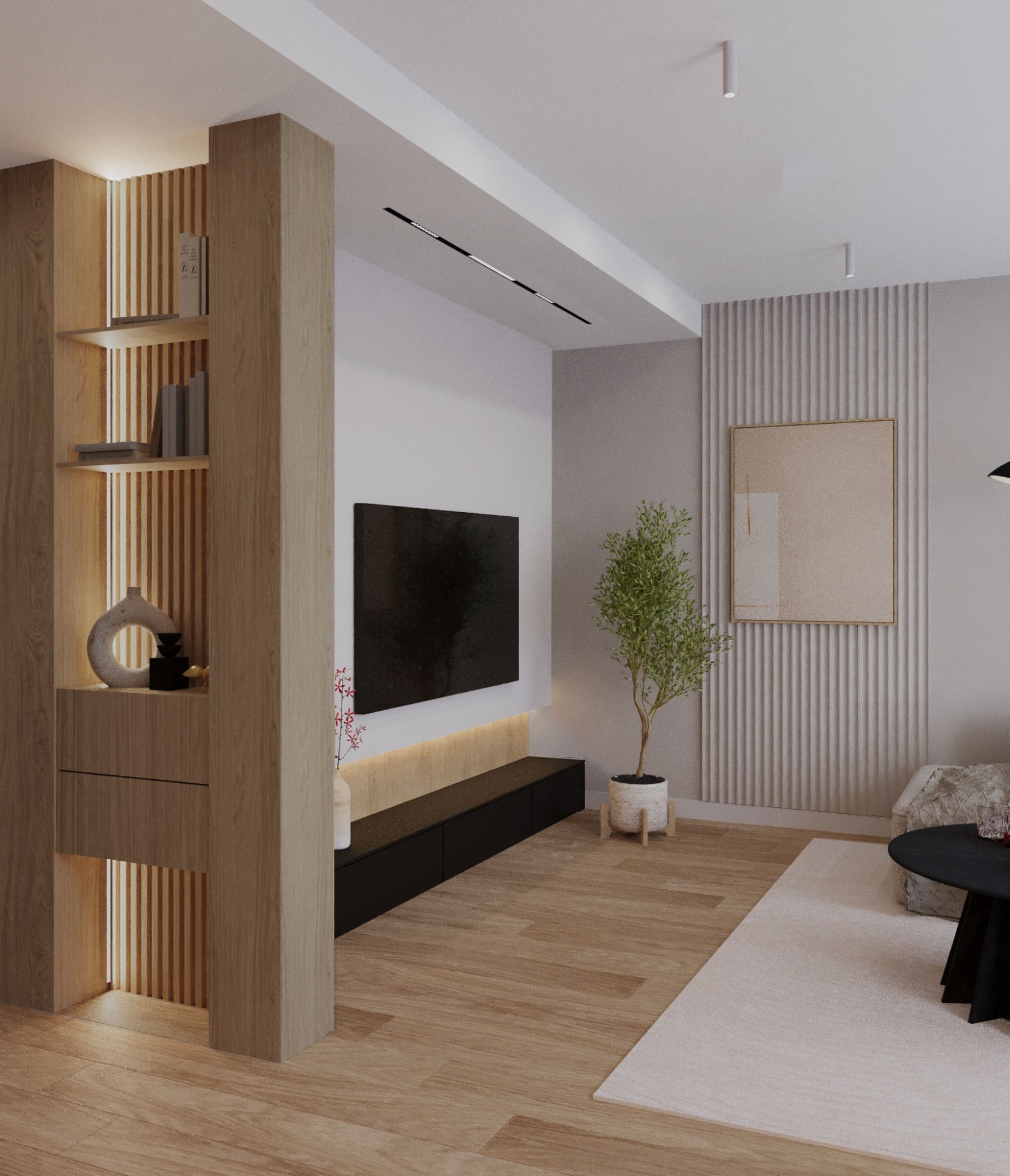 Nowoczesny salon z drewnianą zabudową regałową, TV na ścianie i minimalistycznym wystrojem, doświetlony subtelnym światłem LED.