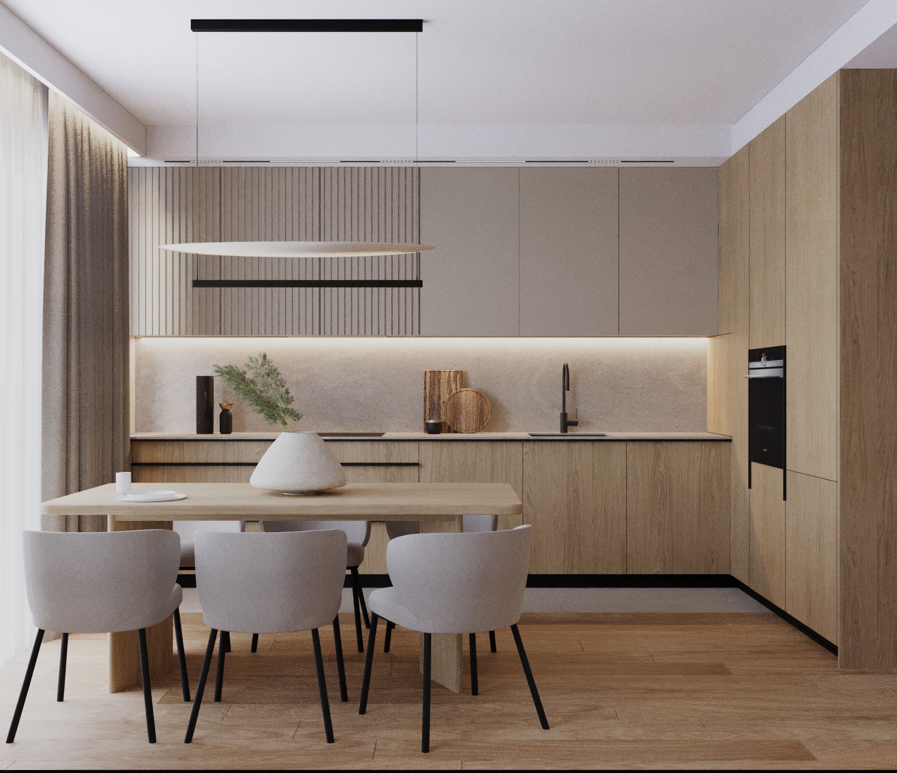Nowoczesna kuchnia z drewnianymi szafkami, minimalistycznym oświetleniem i stołem z krzesłami. Uwagę przyciąga dekoracyjny panel ścienny.