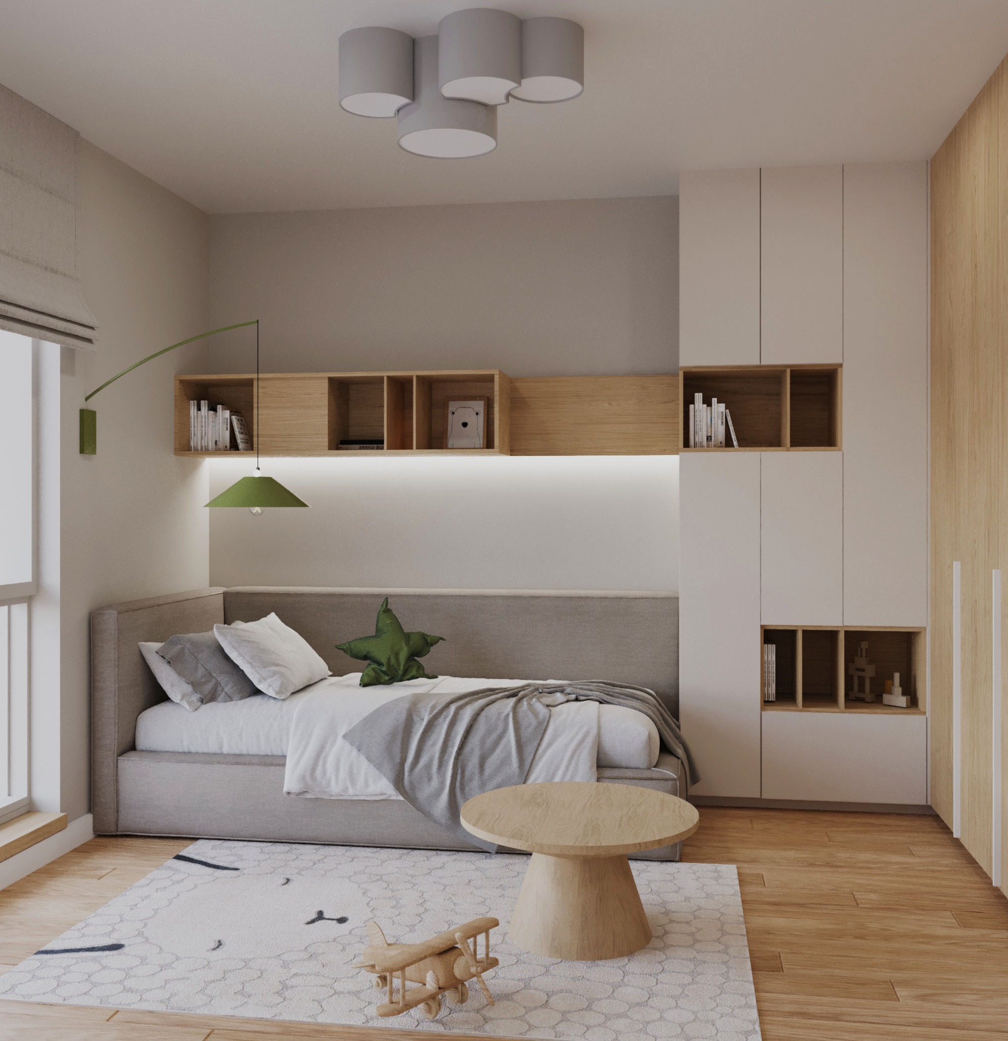 Jasny pokój dziecięcy z szarą sofą, drewnianym stolikiem i półkami. Na podłodze dywan z motywem zwierzęcym. Oświetlenie punktowe i lampa wisząca. Drewniane wykończenie.