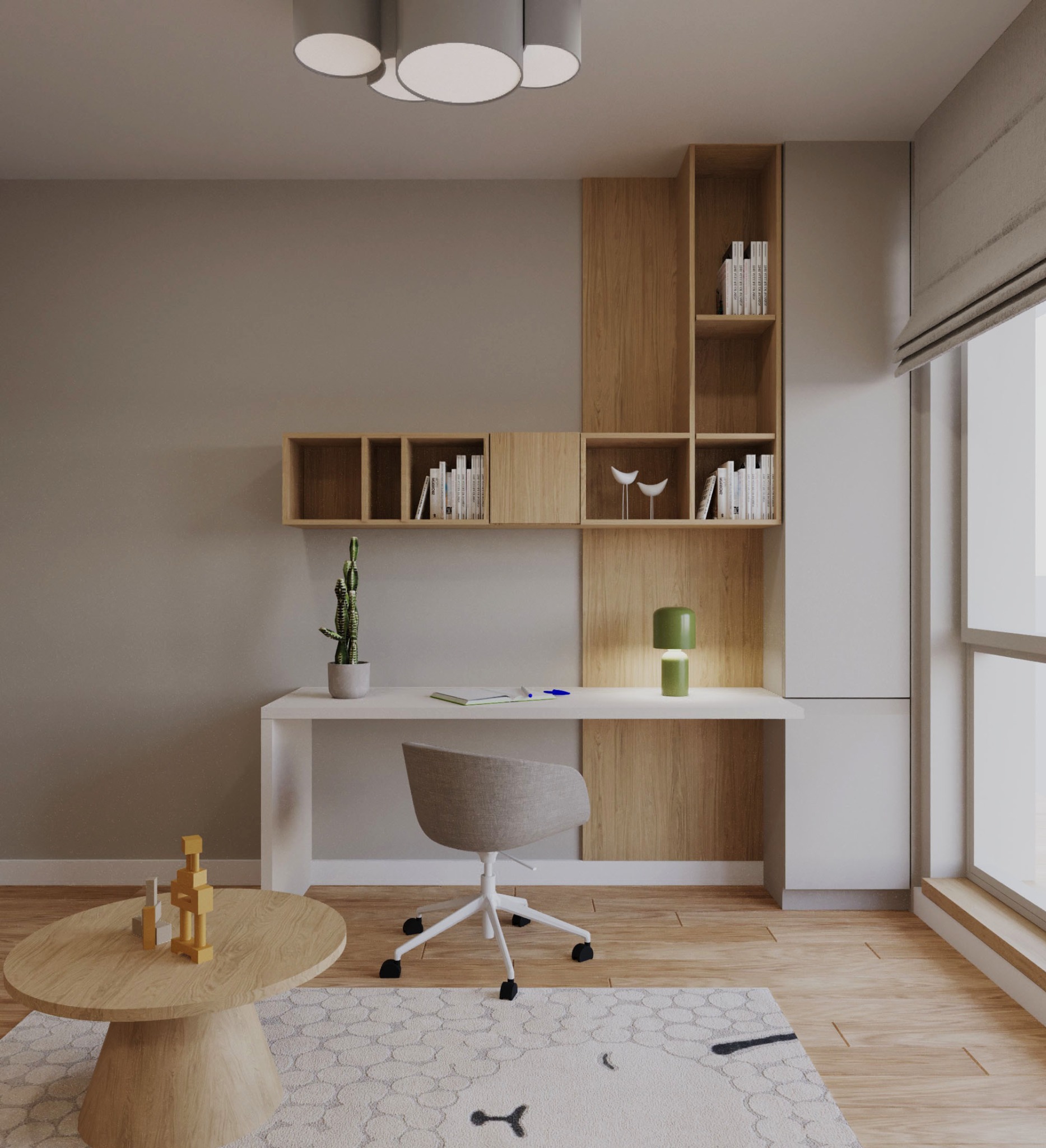 Jasne biuro z biurkiem, krzesłem, regałami i lampką. Na stoliku zabawki z drewna. Minimalistyczny design, naturalne materiały. Nowoczesne wnętrze.