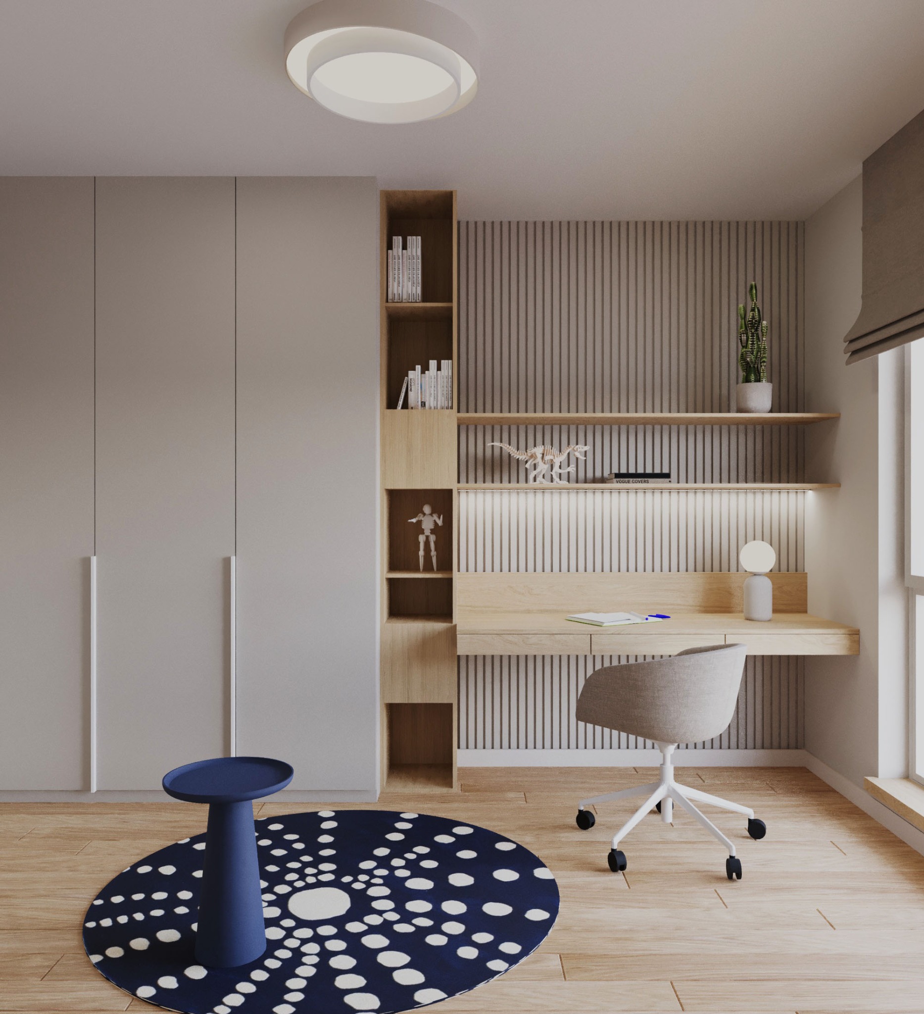 Pokój młodzieżowy: biurko z oświetleniem LED, krzesło na kółkach, regał z książkami, ozdobny dywan i szafa w neutralnych barwach. Nowoczesny design.