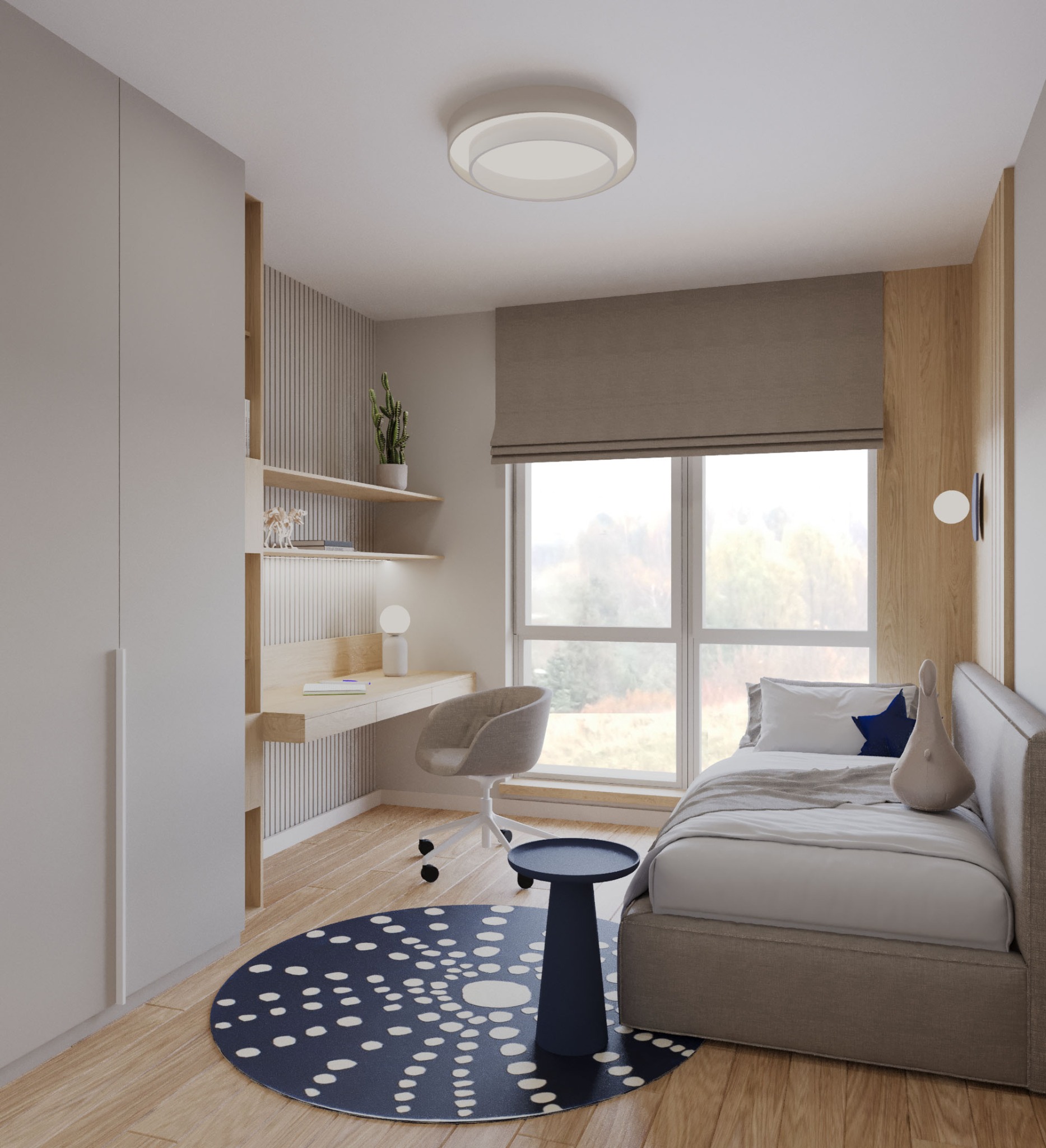 Pokój młodzieżowy w neutralnych barwach: łóżko, biurko z półkami, okrągły dywan z białym wzorem, drewniane akcenty i widok za oknem. Stonowana kolorystyka.