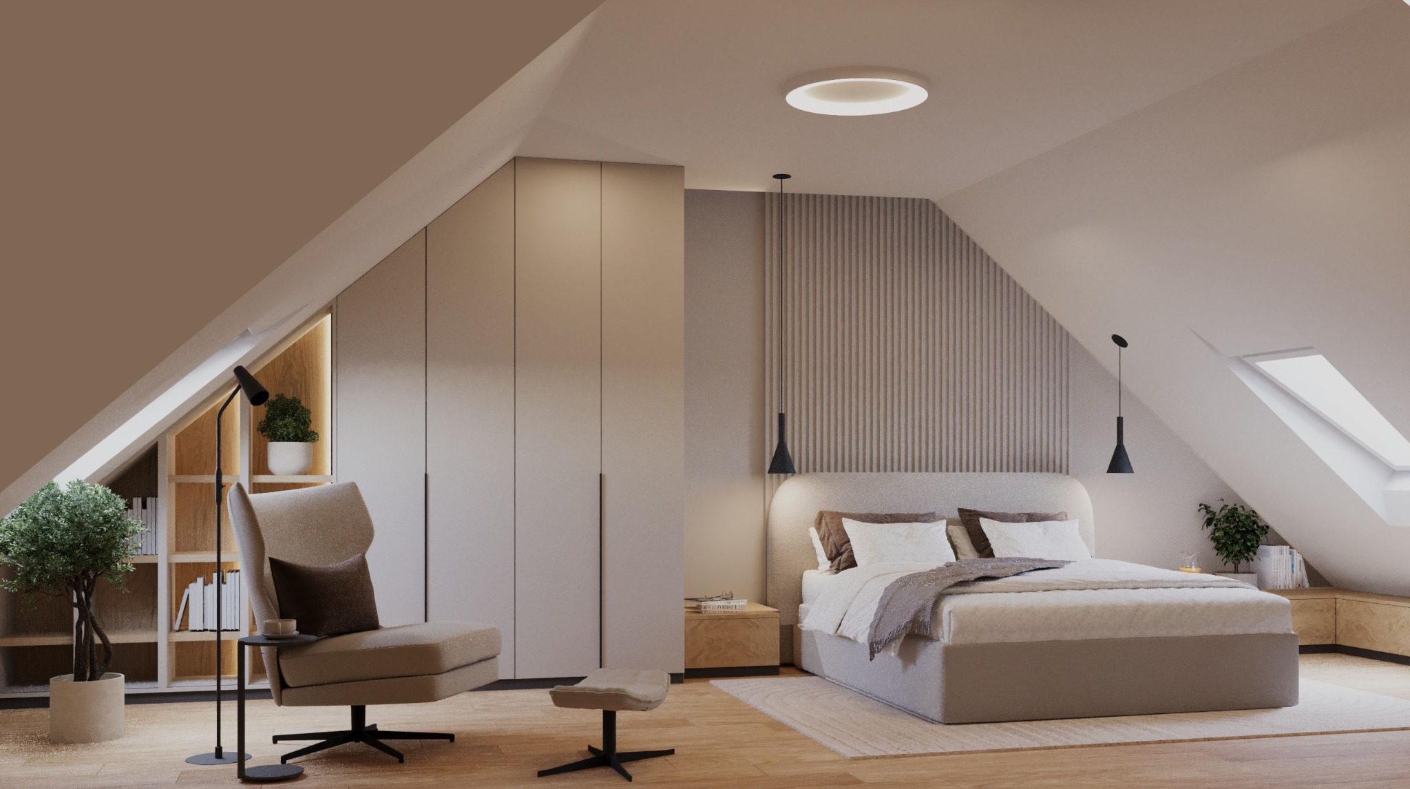 Beżowa sypialnia na poddaszu ze skośnym sufitem, z łóżkiem, fotelem, lampami wiszącymi i oknem dachowym. Minimalistyczny design.