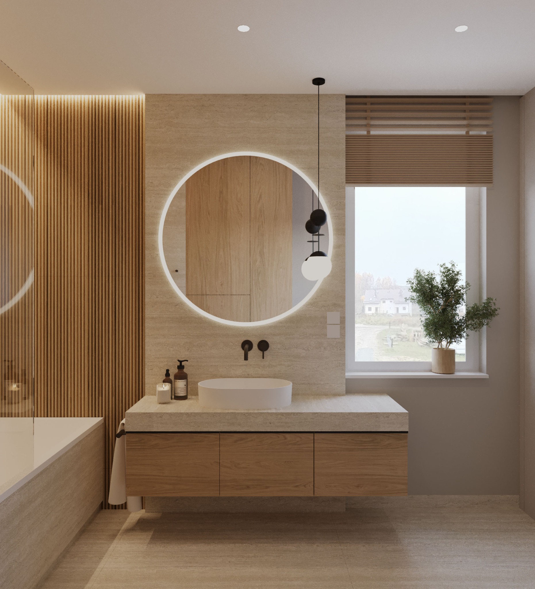 Nowoczesna łazienka z okrągłym lustrem podświetlanym LED, drewnianymi lamelami, wiszącą szafką z kamiennym blatem i rośliną w doniczce na parapecie.